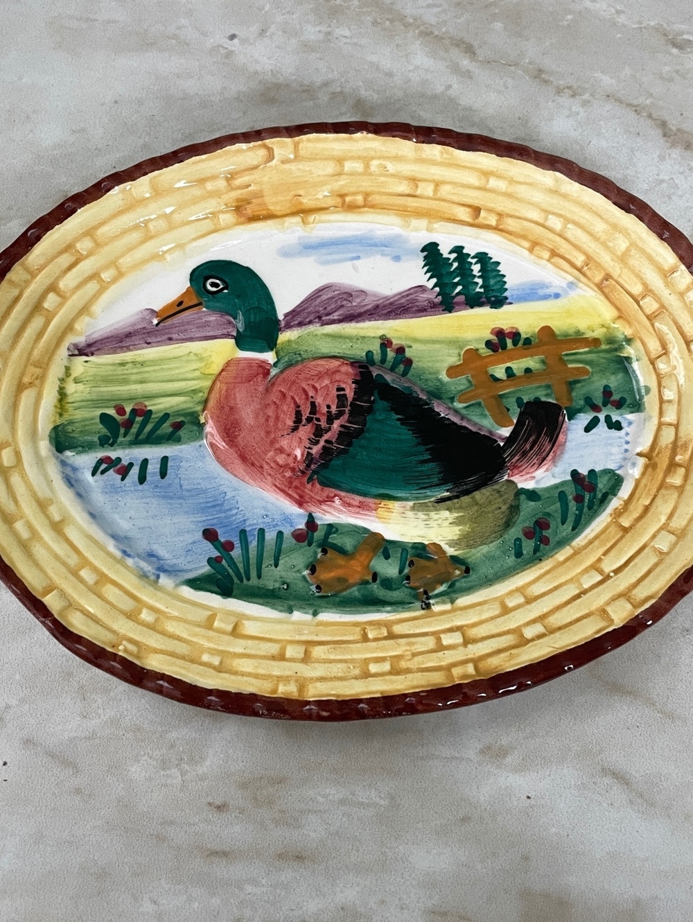 Vintage Italian Mallard Duck Majolica Oval Plate 8" | Made in Italy